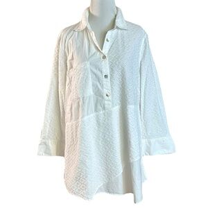 John Mark Asymmetrical LagenLook Eyelet Lace Tunic Top in White Size Large